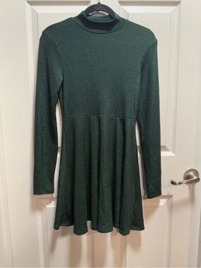 Dark Green Glitter Fit-and-Flare Long Sleeve Dress size M NWT
